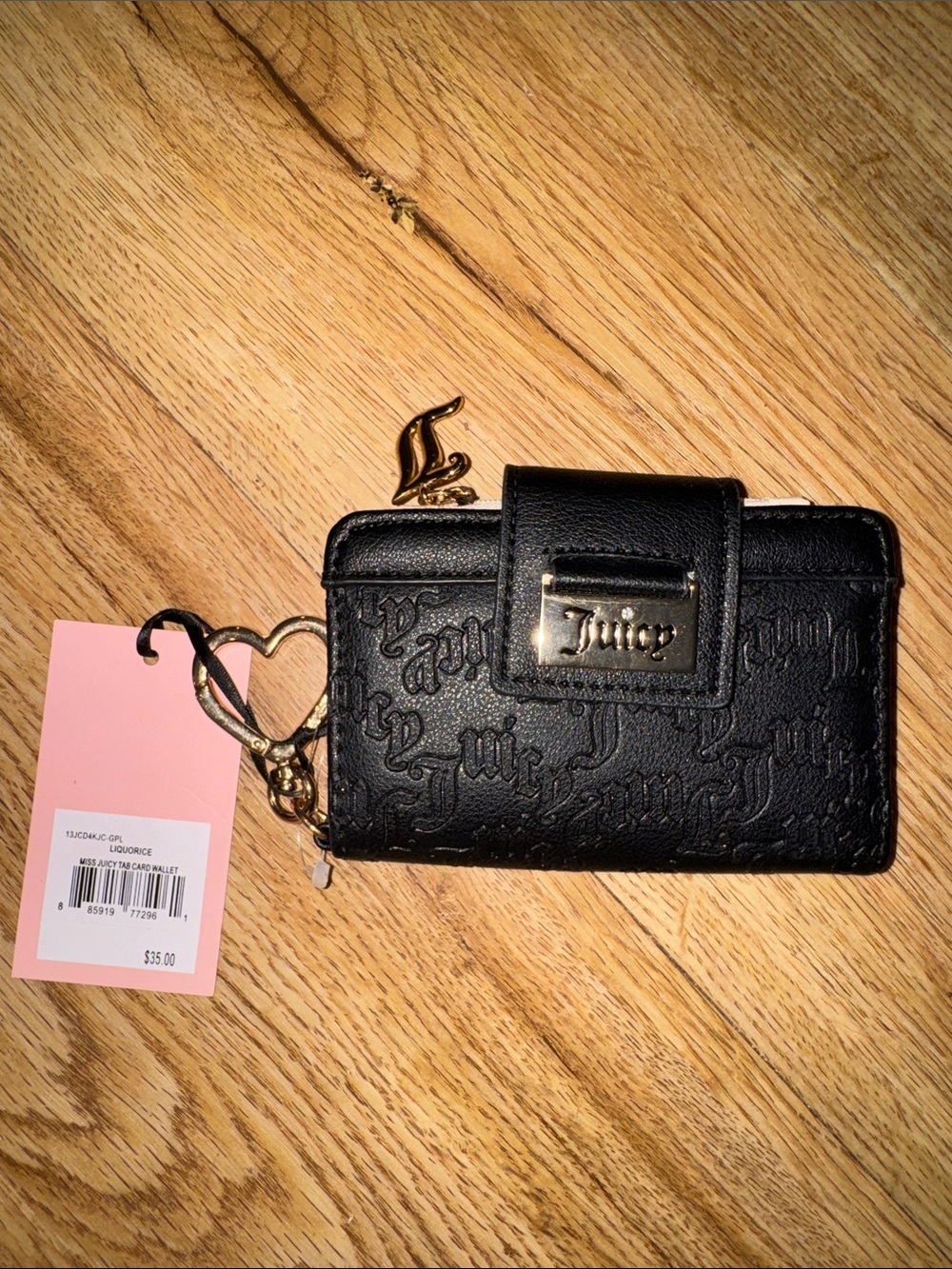 Juicy Couture Black Embossed Card Holder with Gold Heart Keyring